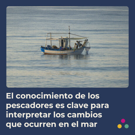 Embarcación pesquera artesanal navegando en aguas tranquilas, con dos personas trabajando a bordo junto a redes de pesca. La imagen está enmarcada sobre un fondo azul oscuro y acompañada del texto: “El conocimiento de los pescadores es clave para interpretar los cambios que ocurren en el mar”. En la esquina inferior derecha aparecen tres elementos gráficos circulares de colores.